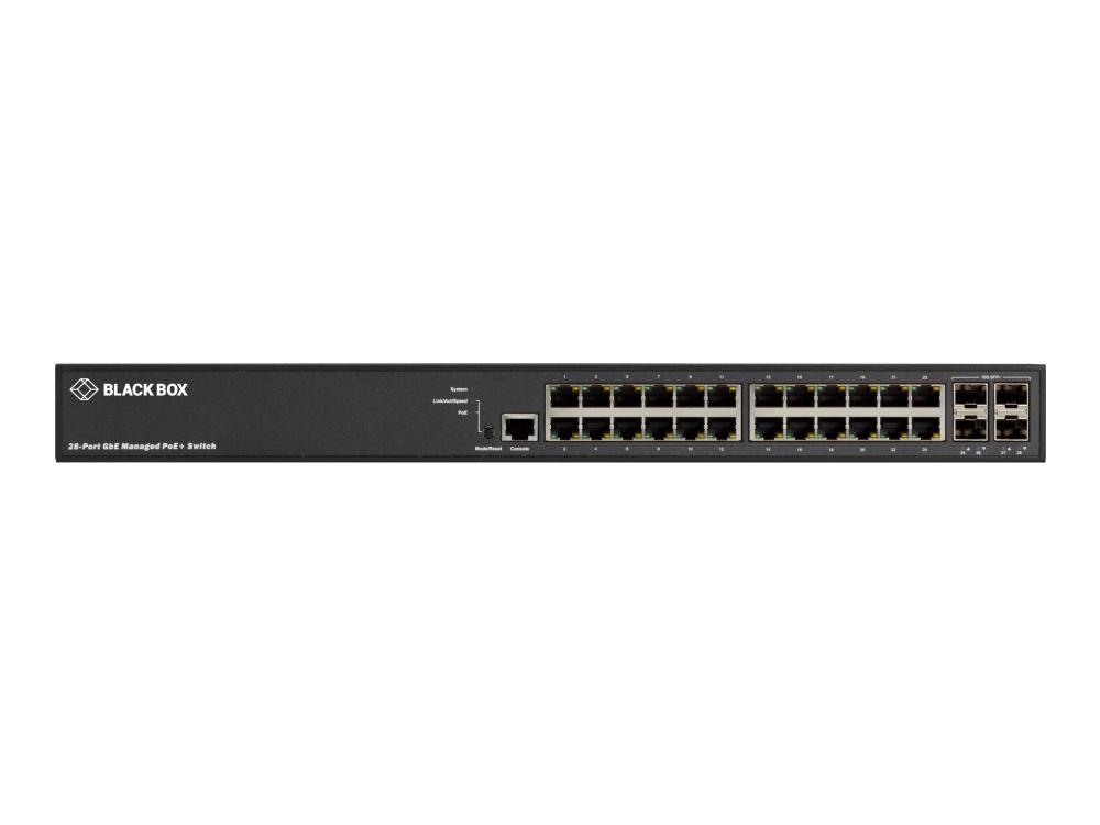 Lpb3000 Series Lpb3028a   Switch   Administreret   24 X 10 100 1000 (poe+) + 4 X 1 Gigabit   10 Gigabit Sfp+ (uplink)   Desktop, Monterbar fra Black Box