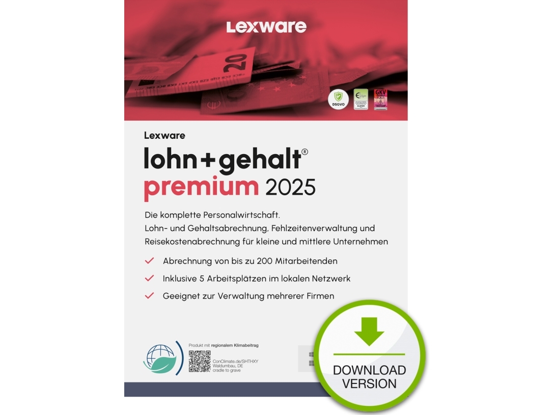 Lohn+gehalt Premium 2025 Download Jahresversion (365 Tage), Regnskab, Elektronisk Software Download (esd), Tysk, 1 år, Windows 11 Enterprise fra Lexware