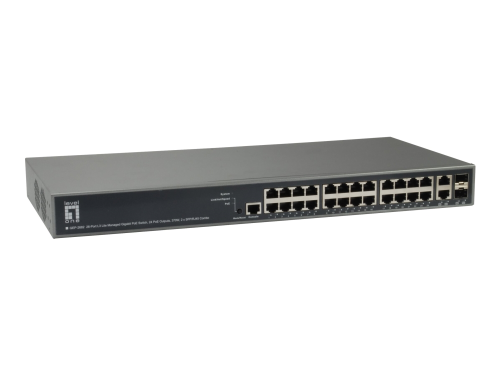 Levelone Gep 2682   Switch   L3 Lite   Administreret   24 X 10 100 1000 (poe+) + 2 X Gigabit Sfp   Monterbar På Stativ   Poe+ (370 W) fra Digital Data Communications
