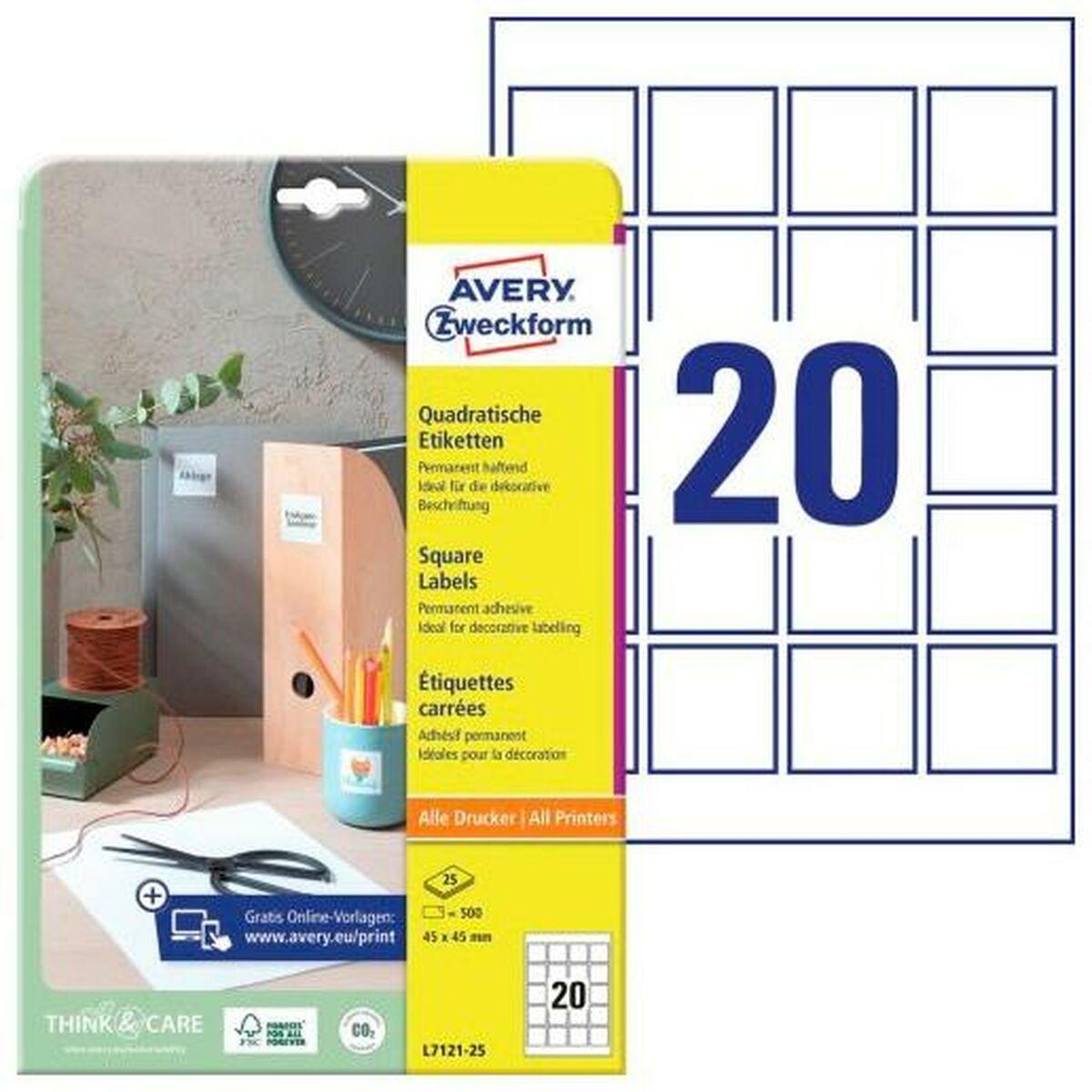 Selvklæbende Etiketter   Hvid 25 Ark 45 X 45 Mm fra Avery